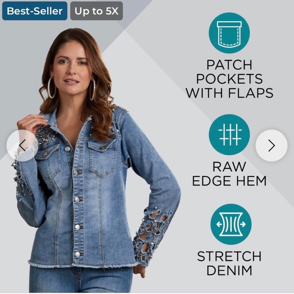 Masseys Modern Denim Jacket with Beautiful Laser Cutout Rhinestone Mix - Picture 5 of 6